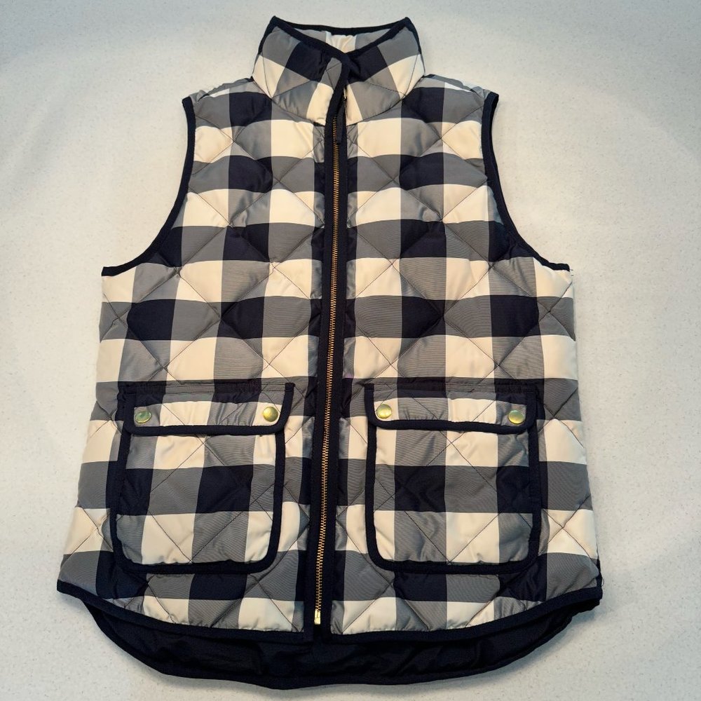 J. Crew Quilted Down Puffer Vest Plaid Navy Blue Winter White Size S